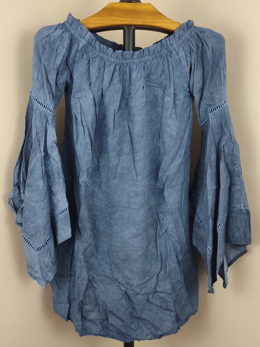 Blue Off-Shoulder Bell-Sleeve Tunic Top